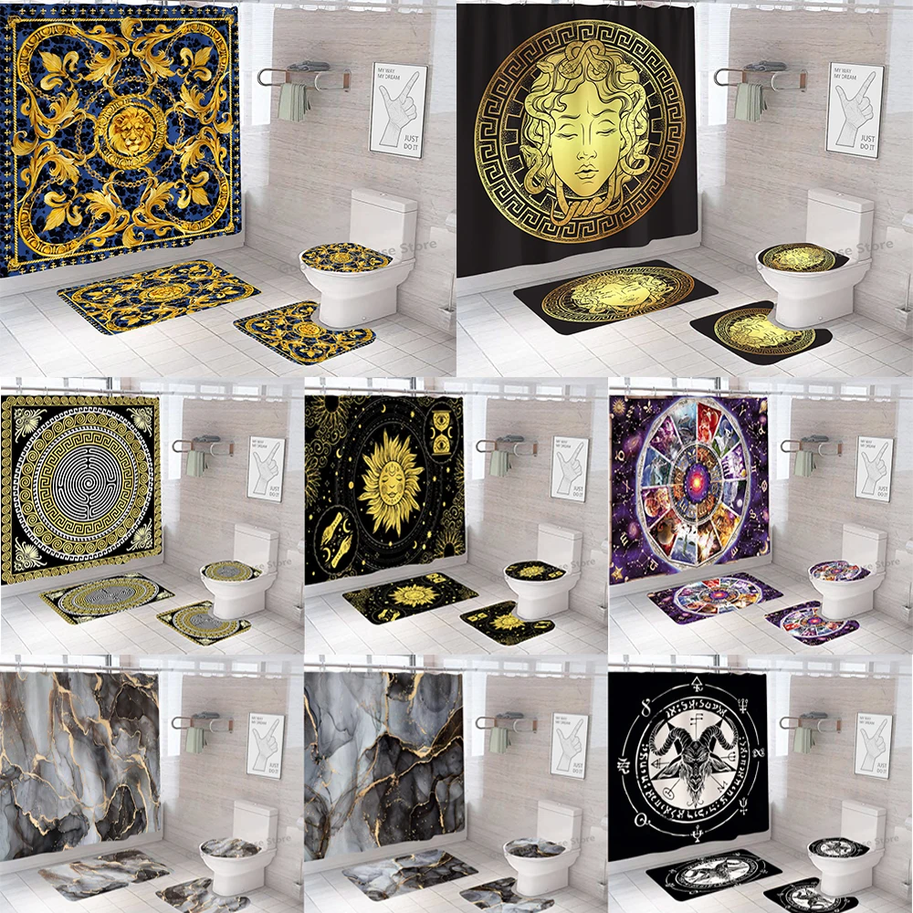 Luxury Black Gold Shower Curtain Sets Polyester Fabric Washable Bath Curtains 3D Marble Toilet