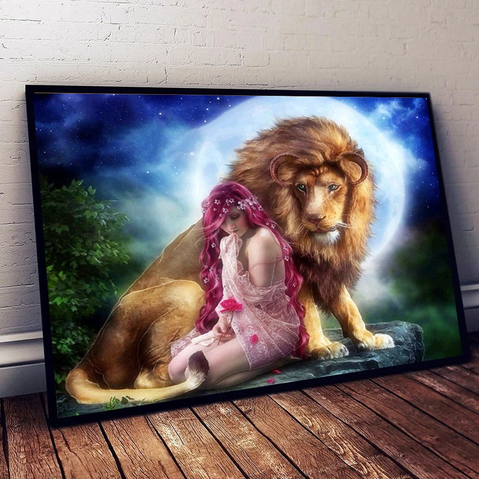 

DIY 5D Diamond Painting Full Drill Lion and woman Diamond Mosaic Leo Hand Inlaid Rhinestones Embroidery Home Decor Gifts