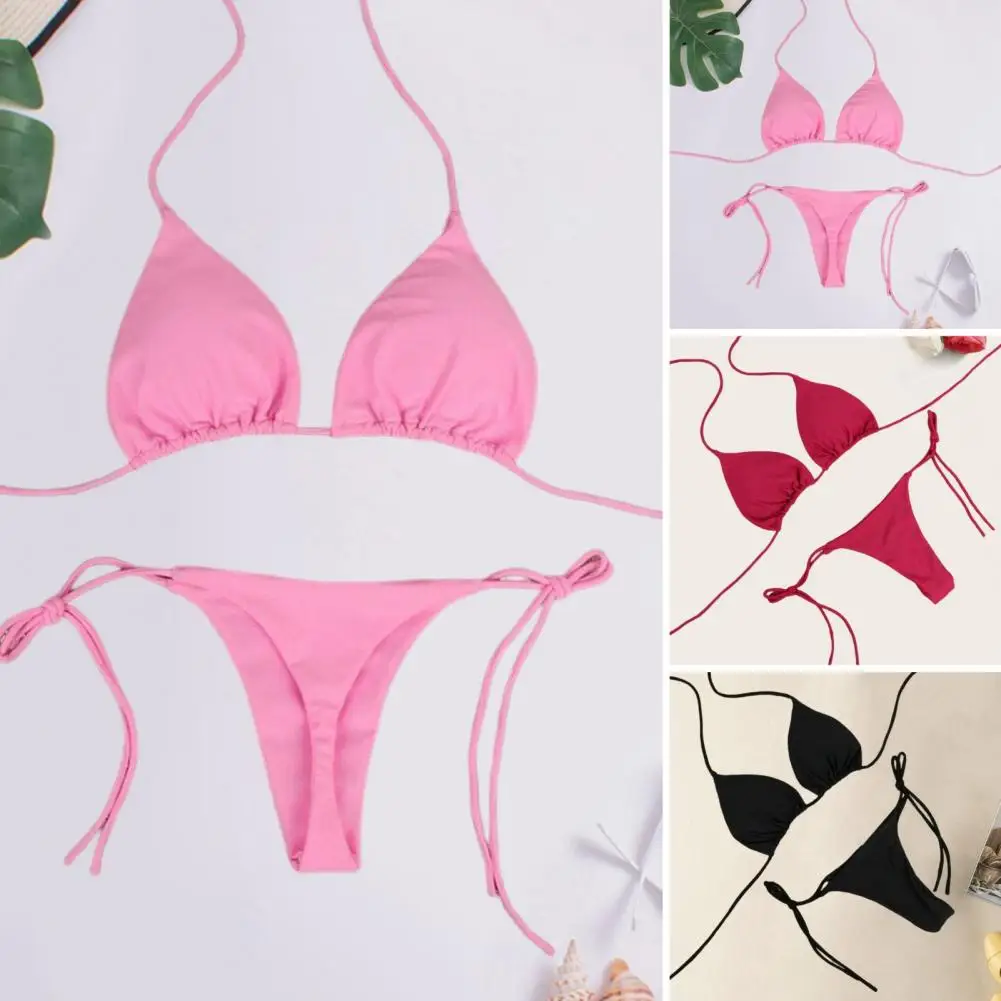 

Halter Neck Swimsuit Women's Lace-up Halter Bikini Set with High Waist Thong Triangle Swimsuit Bathing Suit for Beach Swimwear