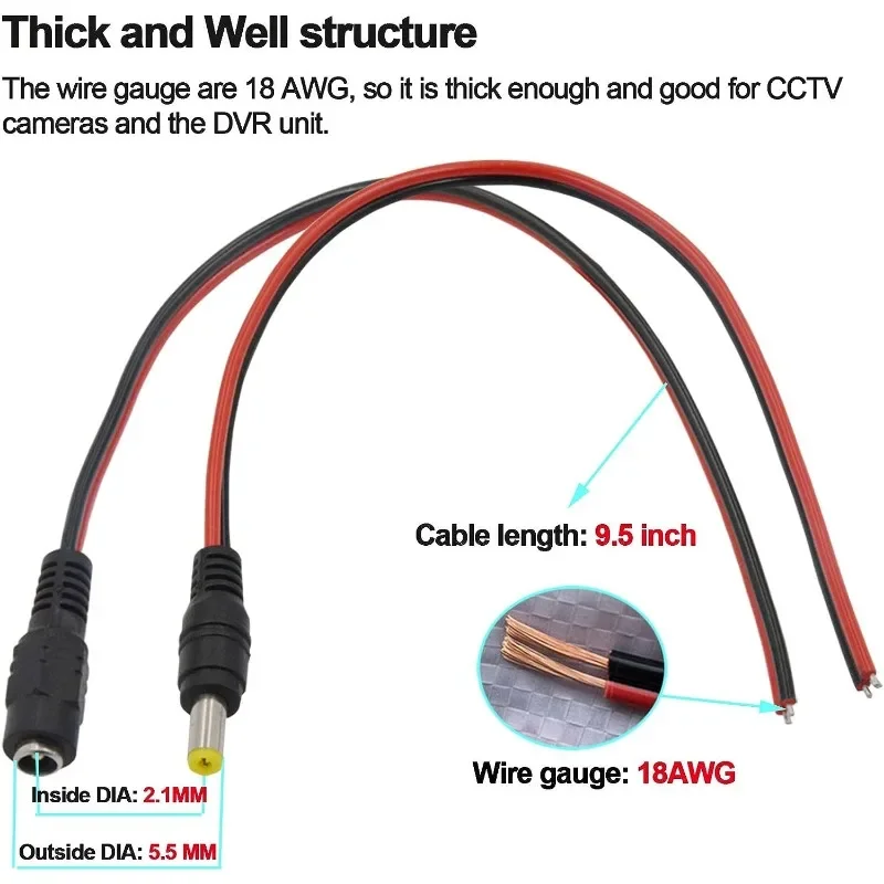 10pcs 20pcs 5.5x2.1mm Male Female Plug 12V 5A DC Pigtail Cable Jack for CCTV Camera Connector Tail Extension 24V DC Wire