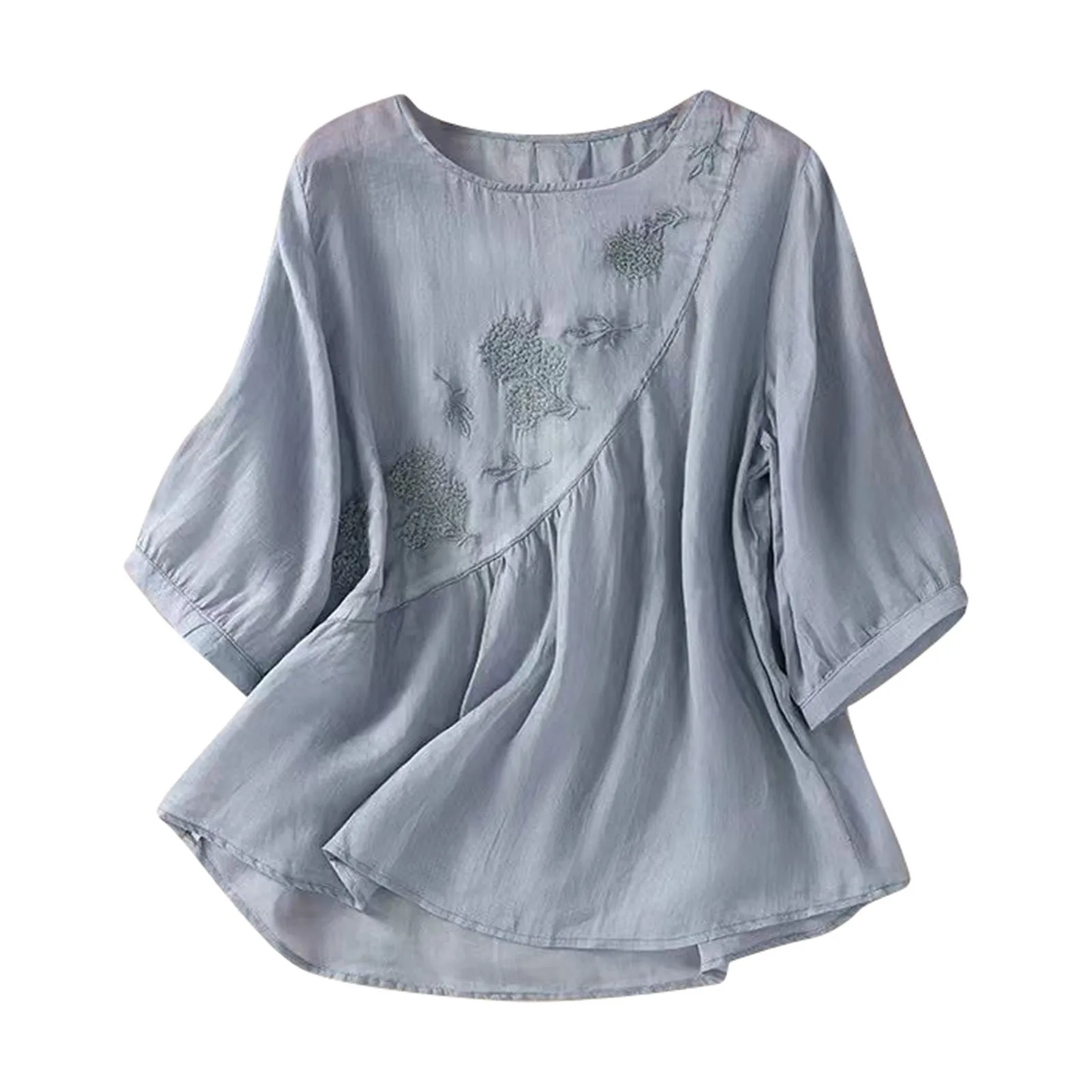 

Spring/Summer Women's Embroidered Round Neck Long Sleeve T Shirt Vintage Bohemian Loose Fit Floral Applique Top