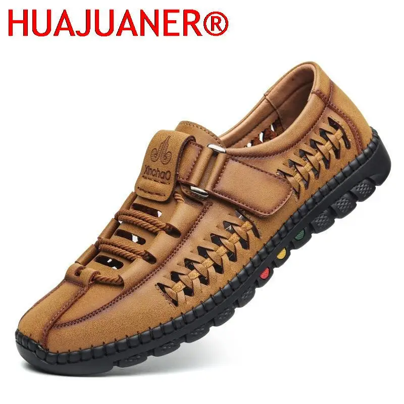 

2023 Summer Men Sandals Leisure Breathable Comfort Mens Beach Shoes Fashion Solid Hand Sewn Male Flat Casual NEW Leather Sandals