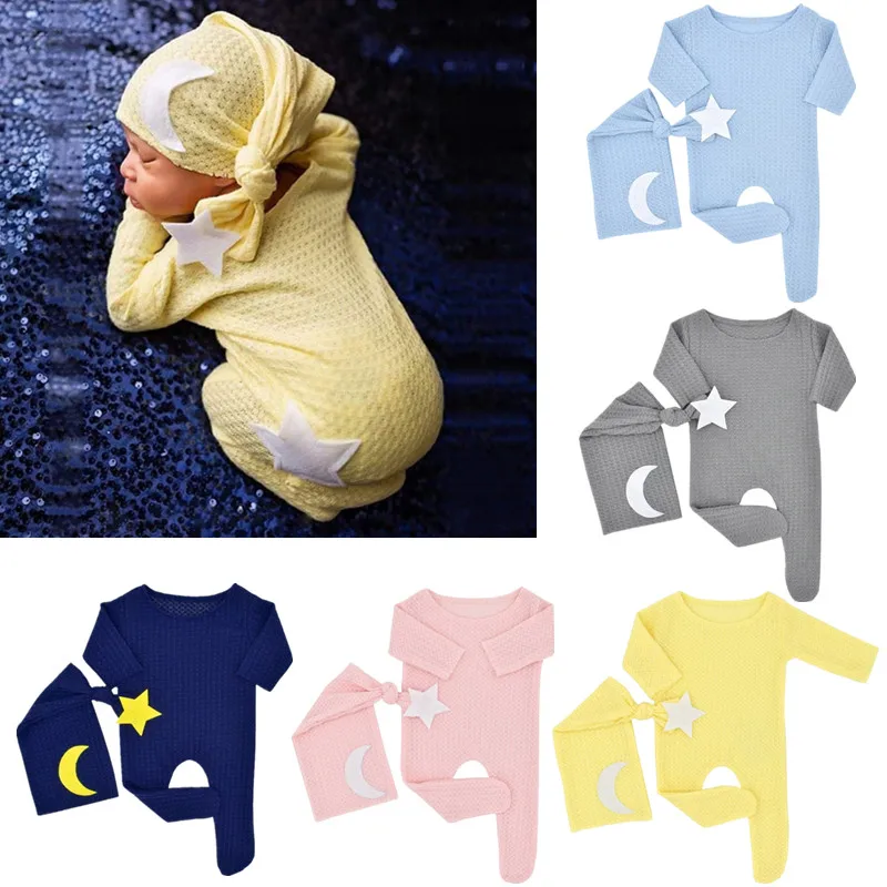 

2pc Newborn Photography Props Baby Romper+Hat Set Solid Color Knitted Jumpsuit Long Tail Knot Cap Infants Photo Shooting Clothes