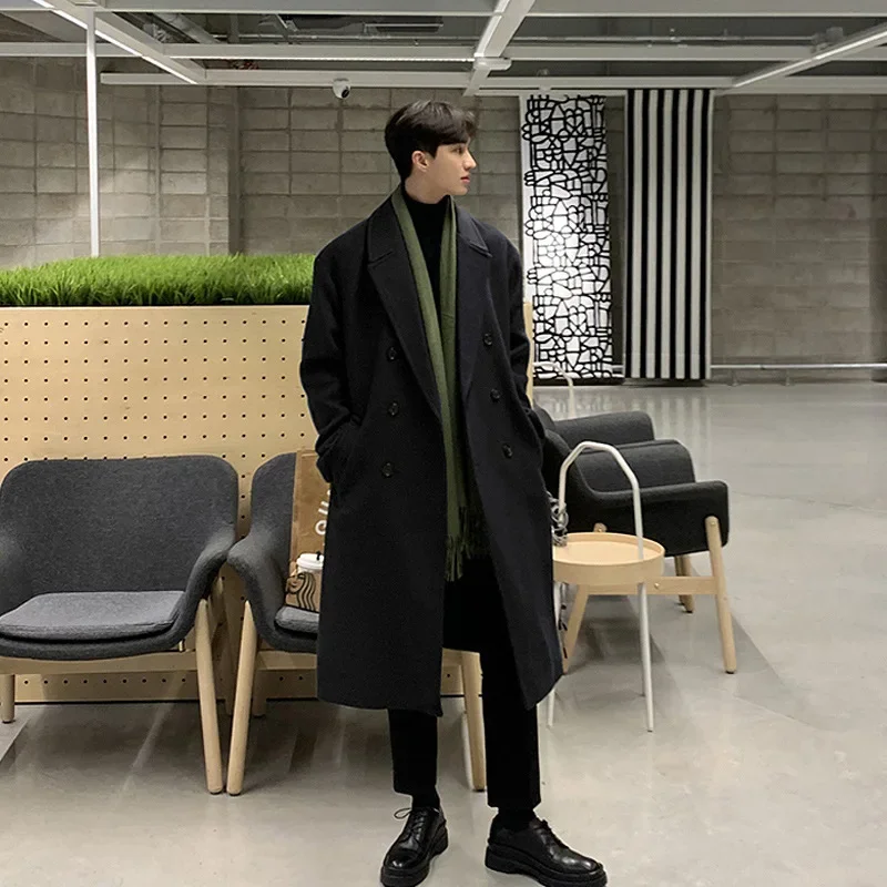 Men's Medium-Length Jacket Double-Row Button Korean Style Woolen Overcoat for Autumn Winter