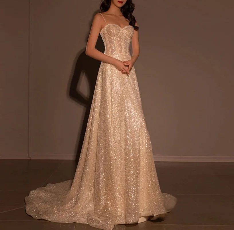 

Роскошное серебристое вечернее платье с блестками для выпускного вечера, женское платье на бретельках, длинное платье для выпускного вечера