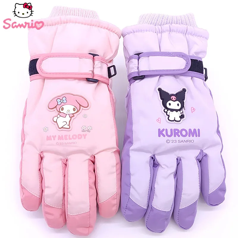 Sanrios Kuromi MyMelody Children Ski Gloves Pochacco Thicken Wniter Warm Student Kid Five-finger Waterproof Glove Christmas Gift