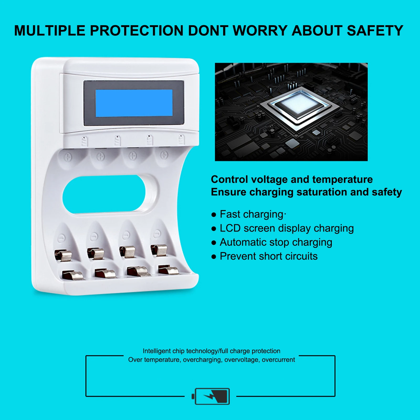 4 Slots Battery Charger with LCD Display for AA AAA Ni-MH Rechargeable Battery Smart Rechargeable Battery Charger USB 2A Fast