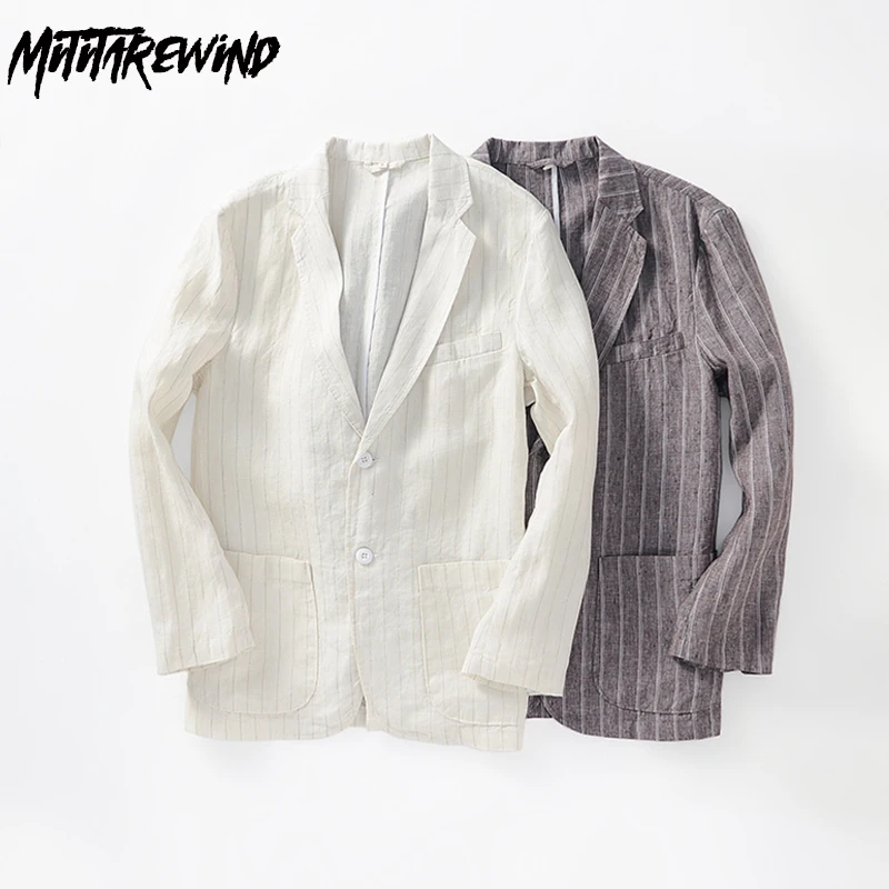 

95% Linen Suit Jackets for Men Daily Casual Blazer Hombre Single Breasted Striped Suit Thin Loose Korean Fashion Men Coat Youth