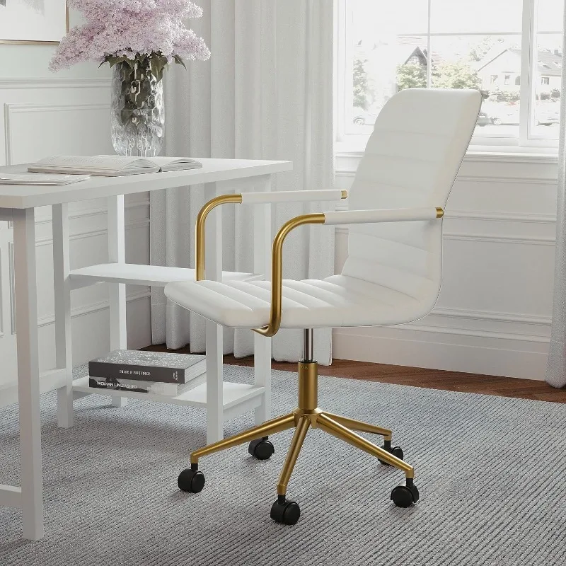 

Вращающийся офисный стул Taytum с подлокотниками для дома и офиса из белой искусственной кожи с полированной латунной рамой