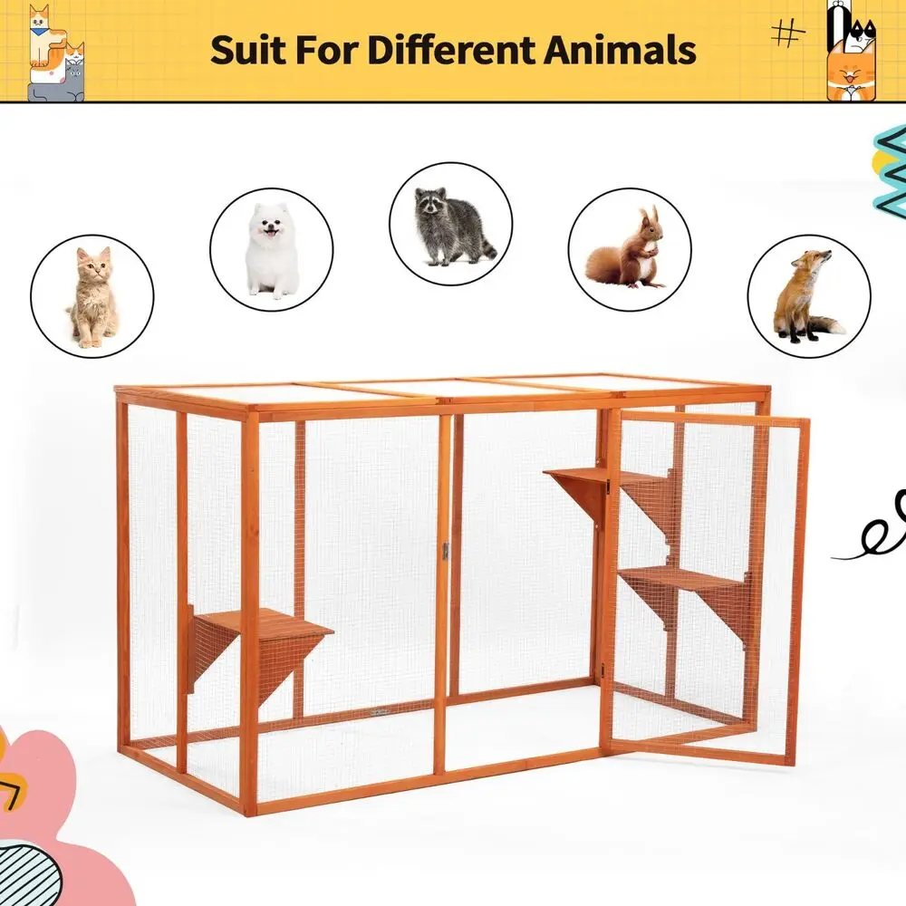 Cat Catio Outdoor Cat House Wood with Platforms Lockable Enter Door Orange