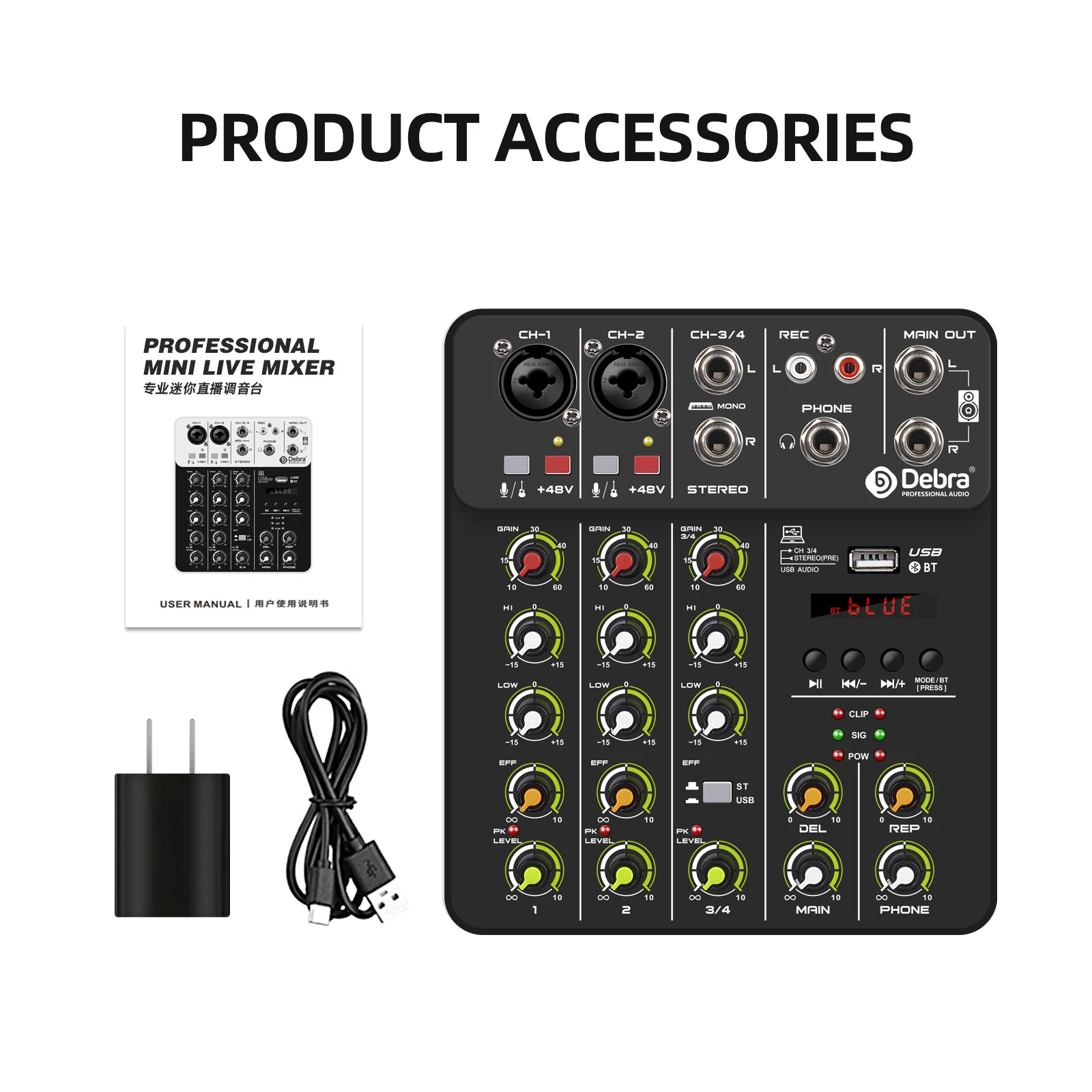 V4 V8 Audio-Interface-Mixer mit Bluetooth 5.0 Phantomspeisung für Computeraufnahmen, Bühne, Band verzögerte Wiedergabeeffekte DJ-Mixer