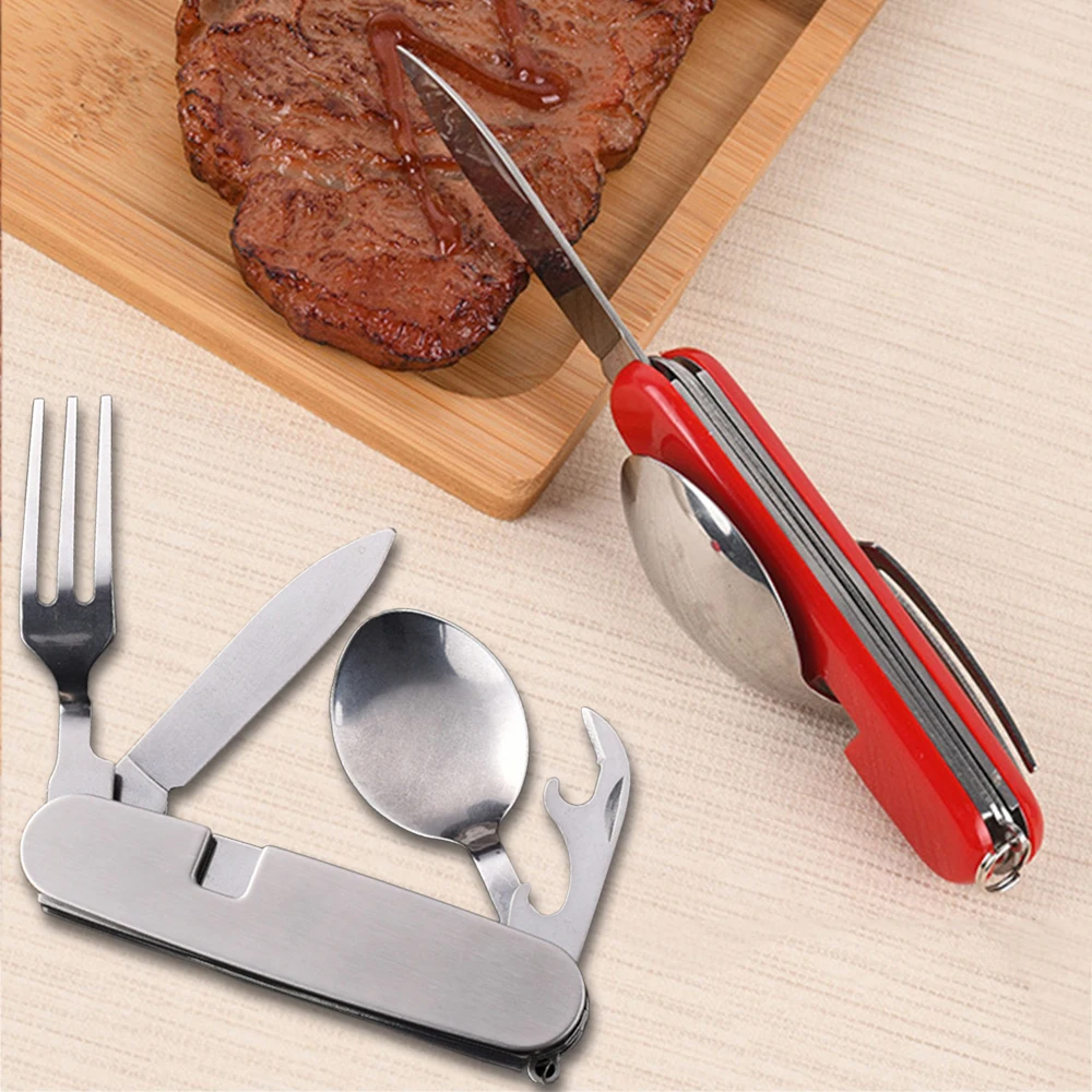 Foldable Camping Utensil 4 in Set Stainless Steel Fork,Knife,Spoon,Bottle Opener for Outdoor Meals, Camping,Backpacking,Hiking