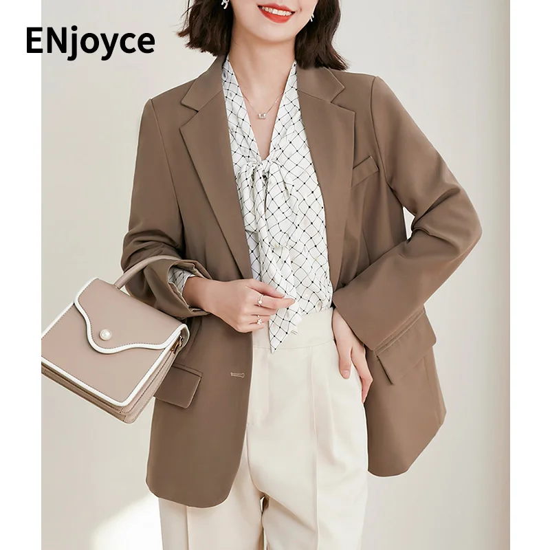 Khaki Color Slim Long Sleeve Suit Blazer Women Professional Office Ladies Work Wears Daily Interview Business Suit Coat Spring
