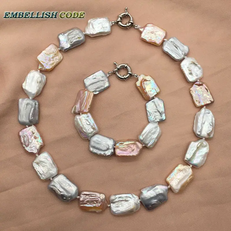 

Nice Colour Rectangle Statement Necklace Bracelet Set Gray White Peach Baroque Pearls Flat Block Freshwater For Party Jewery