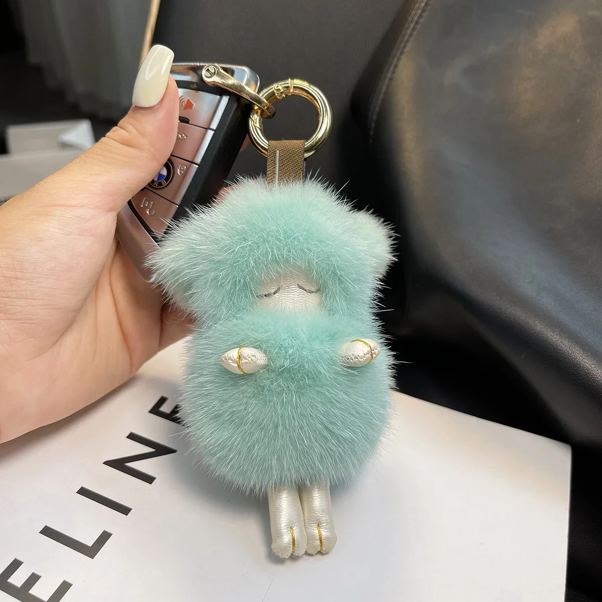 2024 Trendy Real Mink Fur Keychain Women Cute Sleeping Sheep Pendant Metal Car Keyring Bag Charms Ornament Jewelry Trinket Gifts