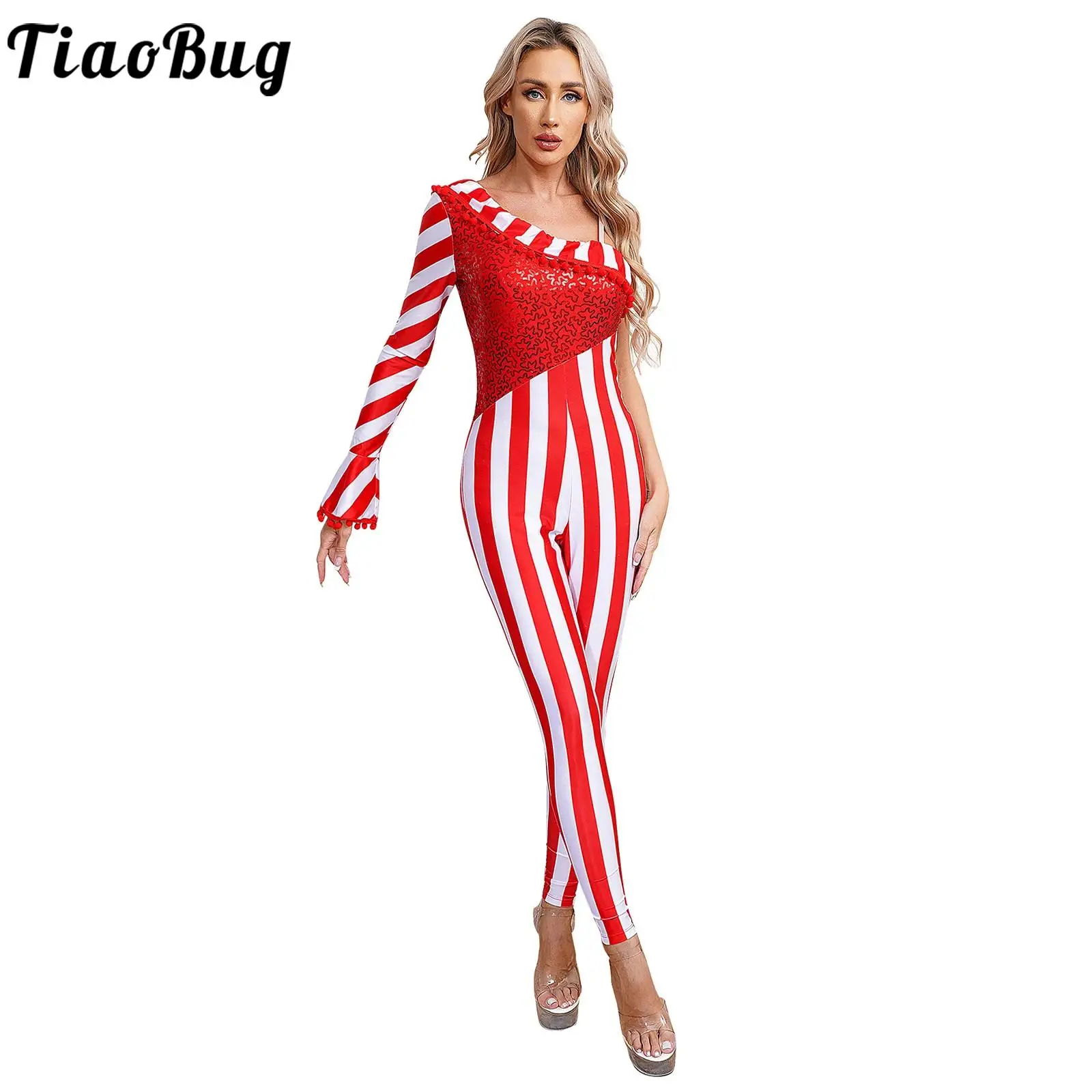 

Womens Christmas Candy Cane Jumpsuit Shiny Sequins Ballet Dance Gymnastics Leotard Bodysuit One Shoulder Xmas New Year Costume