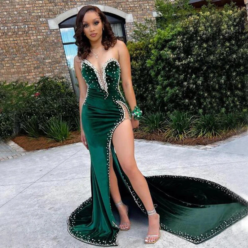 Hunter Green Mermaid Prom Dresses Beaded High Velvet Side Split Evening  Dress African Women Birthday Party Vestidos Sleeveless| | - AliExpress