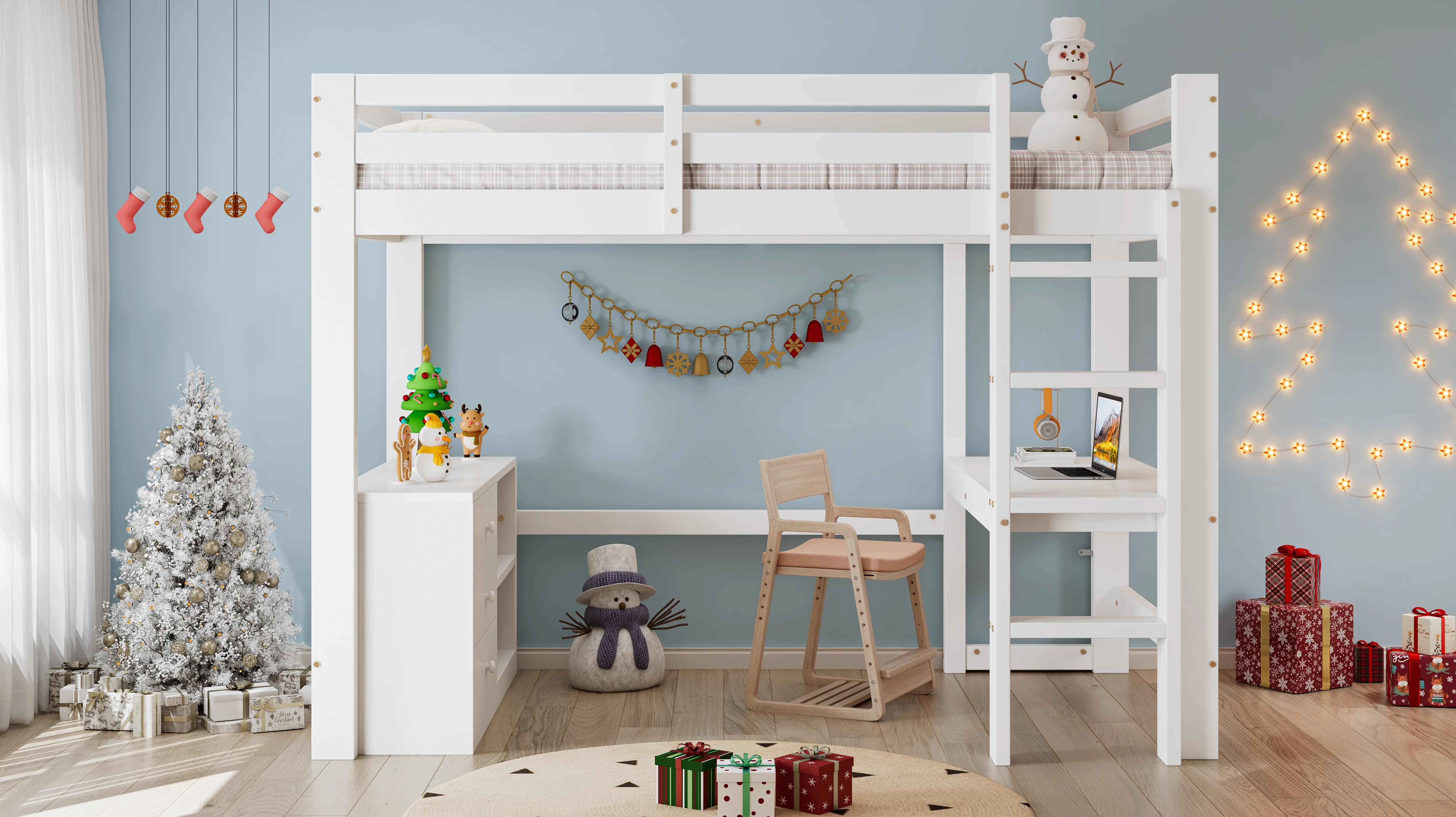 Multifunktionsbett mit Schreibtischschublade und Ablagefach – 4-stufige Leiter aus massivem Kiefernholz + MDF, platzsparendes Teenagerbett 90 x 200 cm – Detail 1