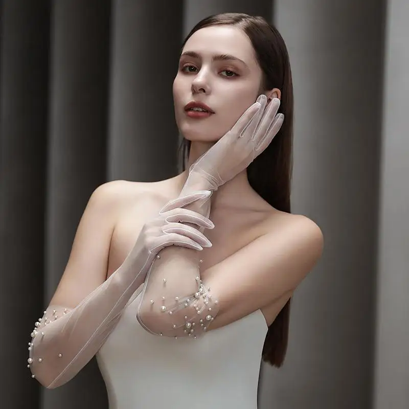 Elegant Pearl Beaded Long Elbow Bridal Gloves for Wedding Party Finger Tulle Gloves Marriage Accessories