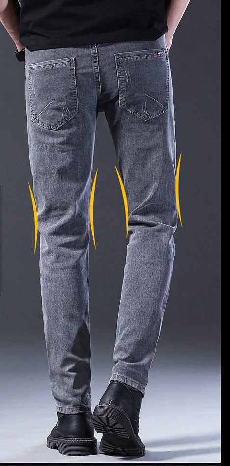 Description Picture 5 of itemMen Comfortable Cotton Fashion European American Style Stretch Jeans Luxury Men's Denim Pants Slim Straight Grey Denim Pants