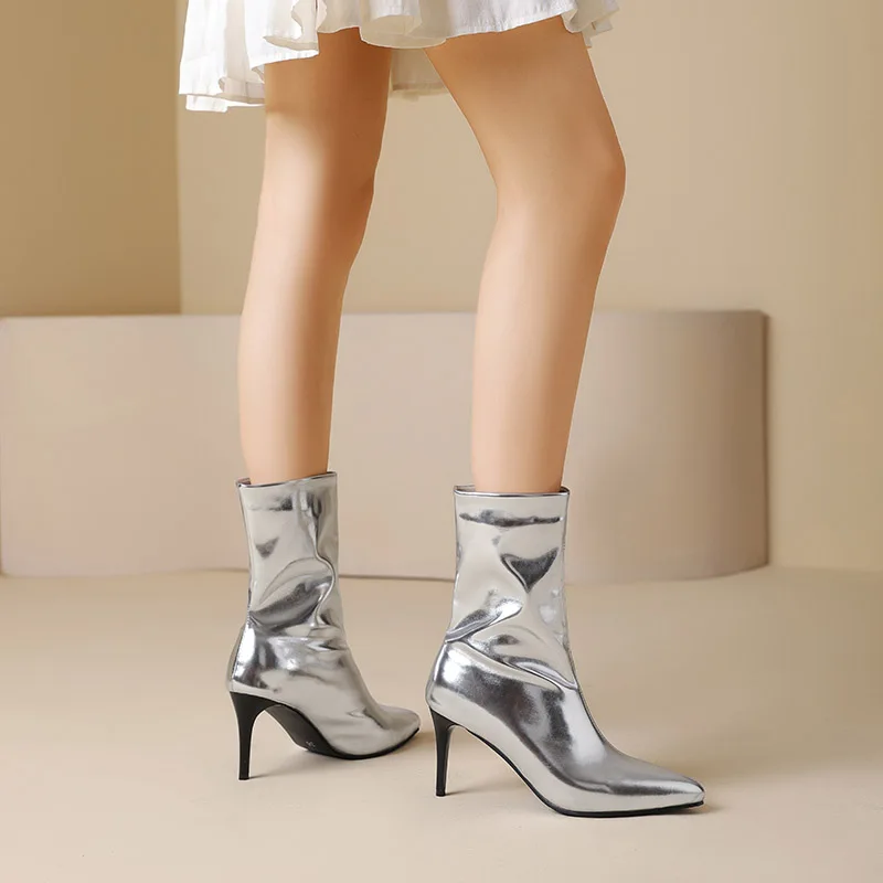 

Phoentin sexy pointed toe thin high heels boots Plus size 48 shoes Gold Silver party Booties Women slip on short boot FT2993