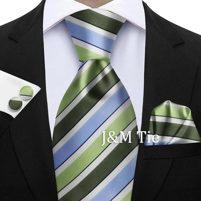 Krawatten für Männer, modisches Salbeigrünes Herren-Krawatten-Set, gestreifte Krawatte, Taschentuch, Manschettenknöpfe, 3-teilig, Business-Hochzeitsanzug, Accessoires, Geschenk – Detail 15