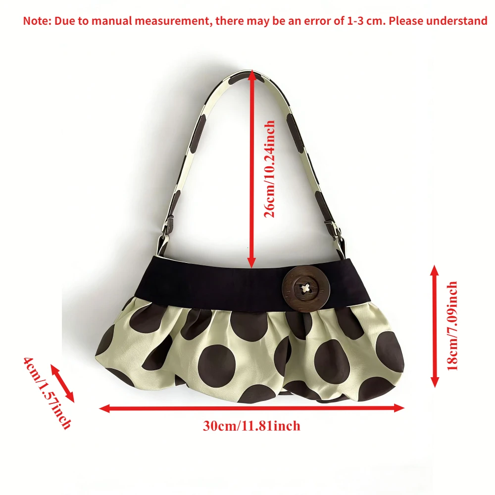 Borsa a Spalla Retrò a Pois con Bottoni in Legno, Borsa a Mano con Design Plissettato, Borsa Morbida a Forma di Raviolo, Borsa Casual a Righe per Pendolari - immagine 6