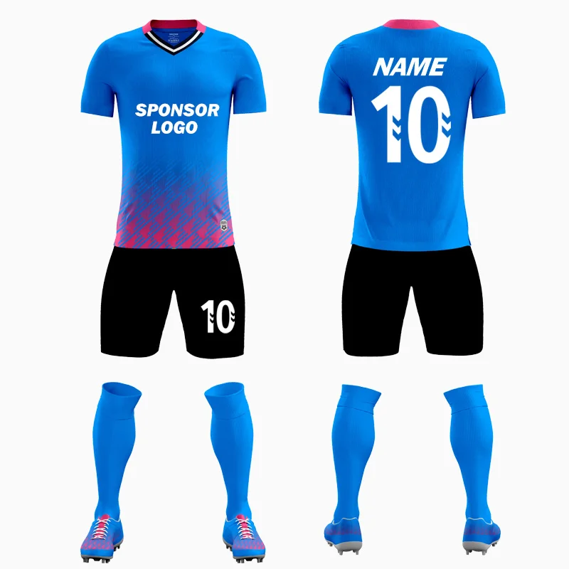 Sky Blue Print Short Sleeve Mens Soccer Uniform Adults Football Culb training wear soccer uniform football full set 8858