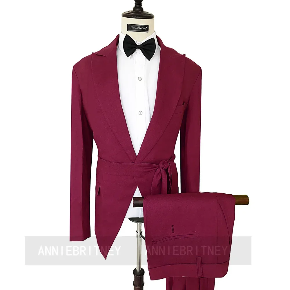 

2024 New Designs Burgundy Elegant Men Suits With Belt Formal Wedding Groom Tuxedo Prom Slim Fit Blazers High Quality 2 Piece Set