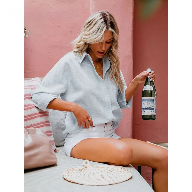 2024 New Women Casual Lapel Cotton Linen Loose Shirt Vintage Harajuku Solid Blouse Elegant Long Sleeve Button Up Tops