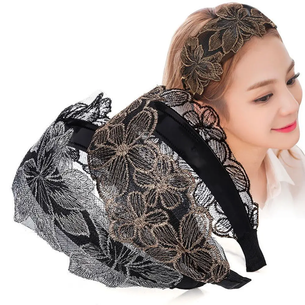 Vintage Retro Lace Mesh Wash Face Embroidered Women Hair Hoop Mother Headdress Korean Style Hair Hoop Wide Edge Headband 1 set embroidery laundry bag for washing bra underwear wash bags polyester mesh laundry basket household foldable washing kits