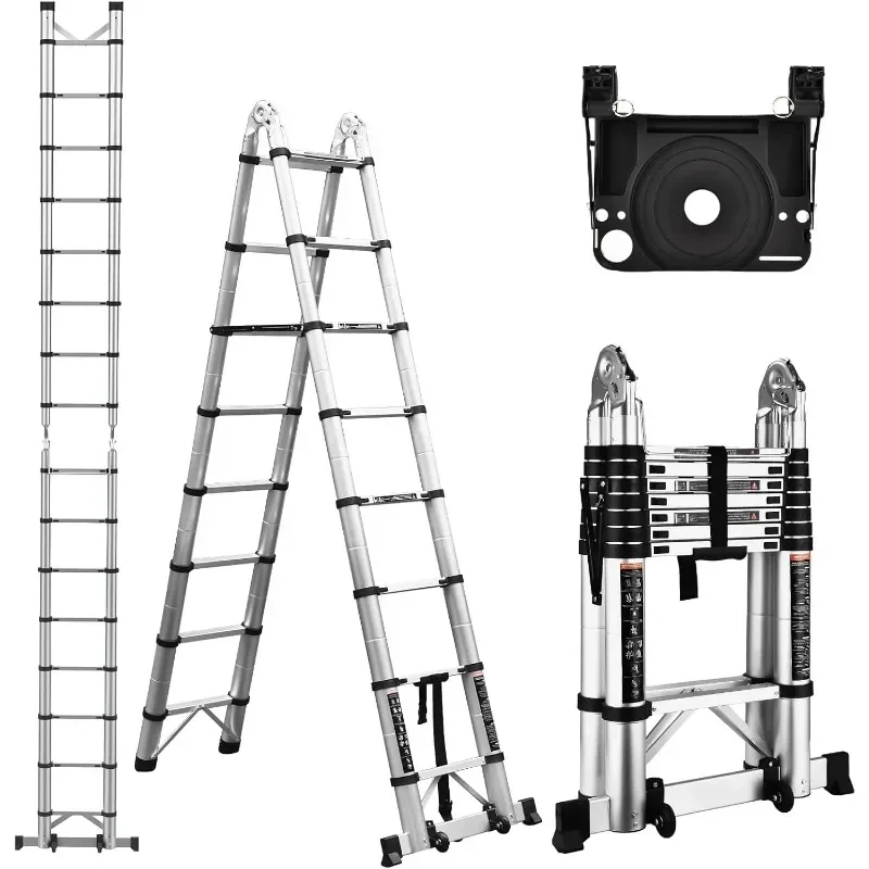 12.5 FT A Frame Telescoping Ladder Portable Compact Aluminum Extension Ladder for Outdoor Camper Trips Motorhome 330lb Capacity