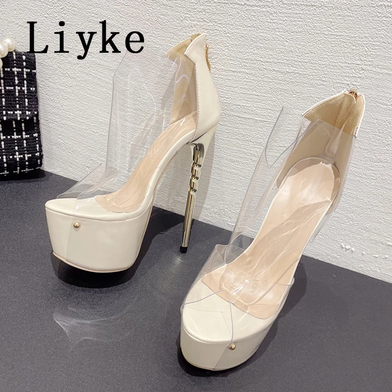 

Liyke Sexy Rivet Peep Toe Stripper pole Dance Shoes Extreme High Heels Transparent Sandals Fashion Zip Women Platform Pumps