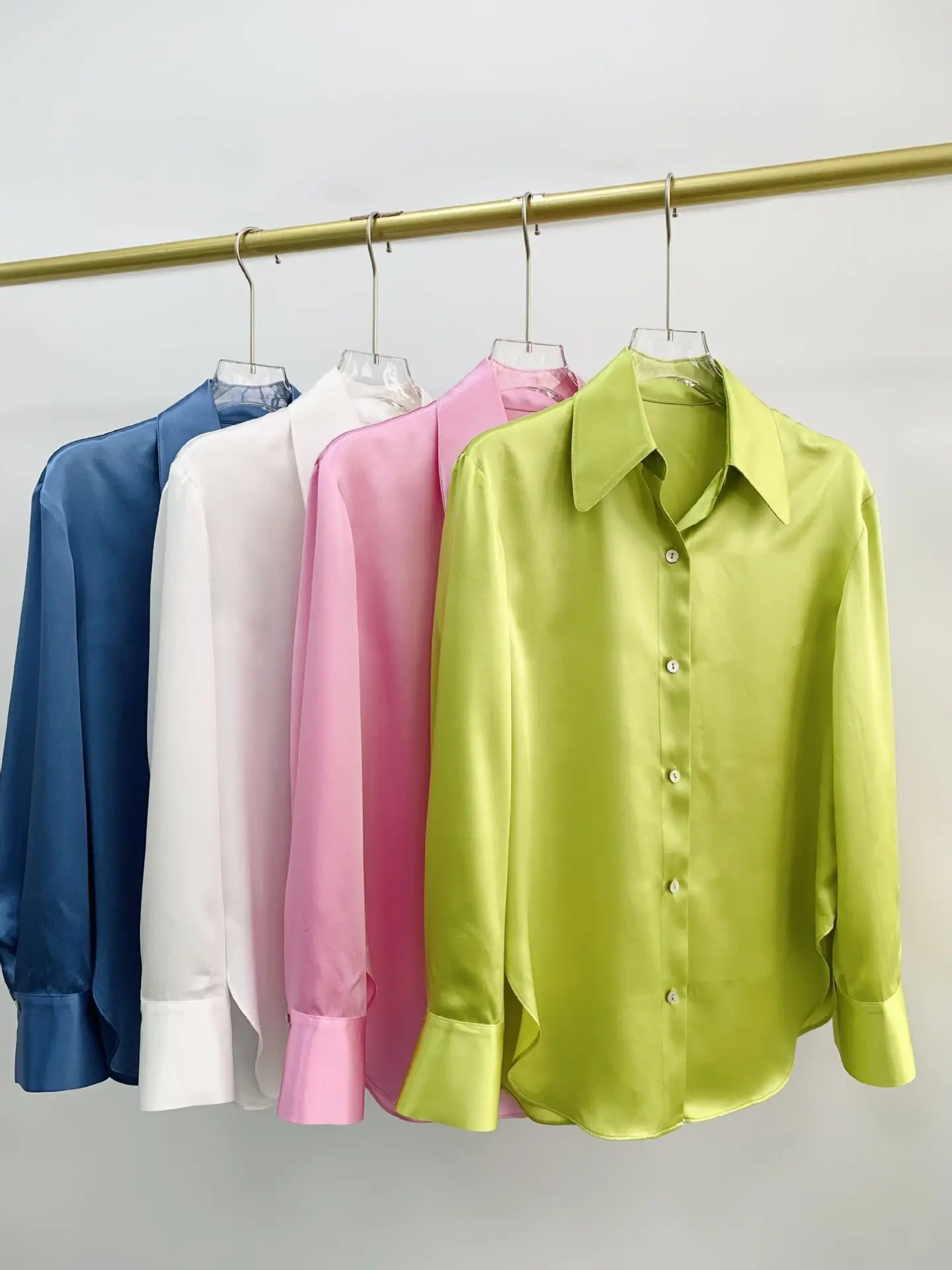 

Four Color Elegant Silk Satin Long Sleeve Blouse Women Fashion Simple Turn-down Collar Single Breasted Shirt Tops 2023 Spring