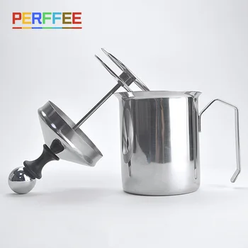 수동 우유 Frother 스테인레스 스틸 핸드 펌프 크리머 더블 메쉬 커피 우유 거품 Frothing 투수 Froth 메이커 주전자 400/800 ML