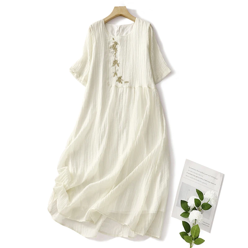 

Ethnic Style Women Soft Comfortable Summer Dersses 2023 New Vintage Flower Embroidered Double Layers Elegant Sundress Robe Femme