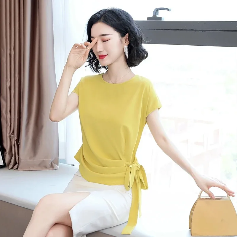 Women's Silk Short-Sleeved Blouse and Tops Green Bow Shirts Women's Clothing Office Lady New Summer 9899