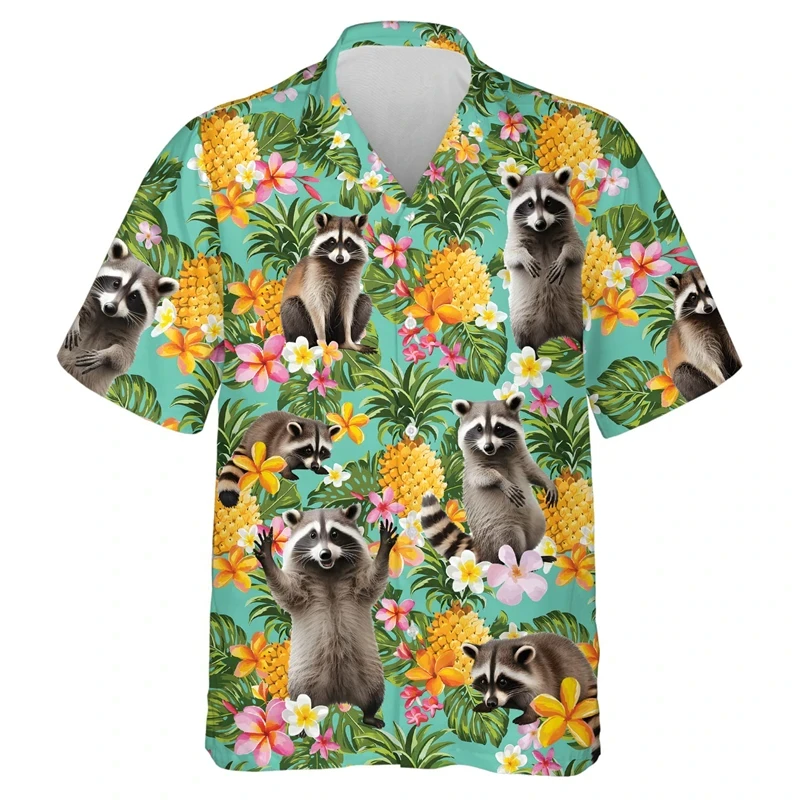 thumbnail image 1 of Camisas con estampado 3D de animales lindos y gráficos de mapache kawaii para hombres, camisas de playa, blusas casuales de manga corta con solapa y botones para vacaciones, 1 of 5