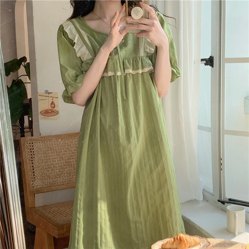 Green Summer Nightgown Women Lace Ruffles V-Neck Short Sleeve Long Sleepwear Loose Casual Cotton Night Dress Kawaii Striped