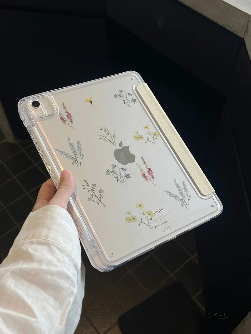 Ins Fresh Flower Tablet Case with Pen Slot and Multi-Fold Design