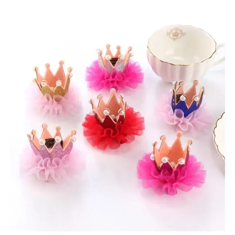 Baby Girls Mesh Mini Crown Lace Pearl Hairpin Princess Sweet Cute Hair Clips Fashion Headwear Pink Gold Crown Kids Accessories
