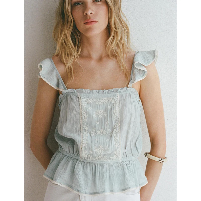 Summer New Women's Embroidered Straight Ne Line Patchwork Decorative Top Faion Sweet Sle ort Length Polyester Fiber