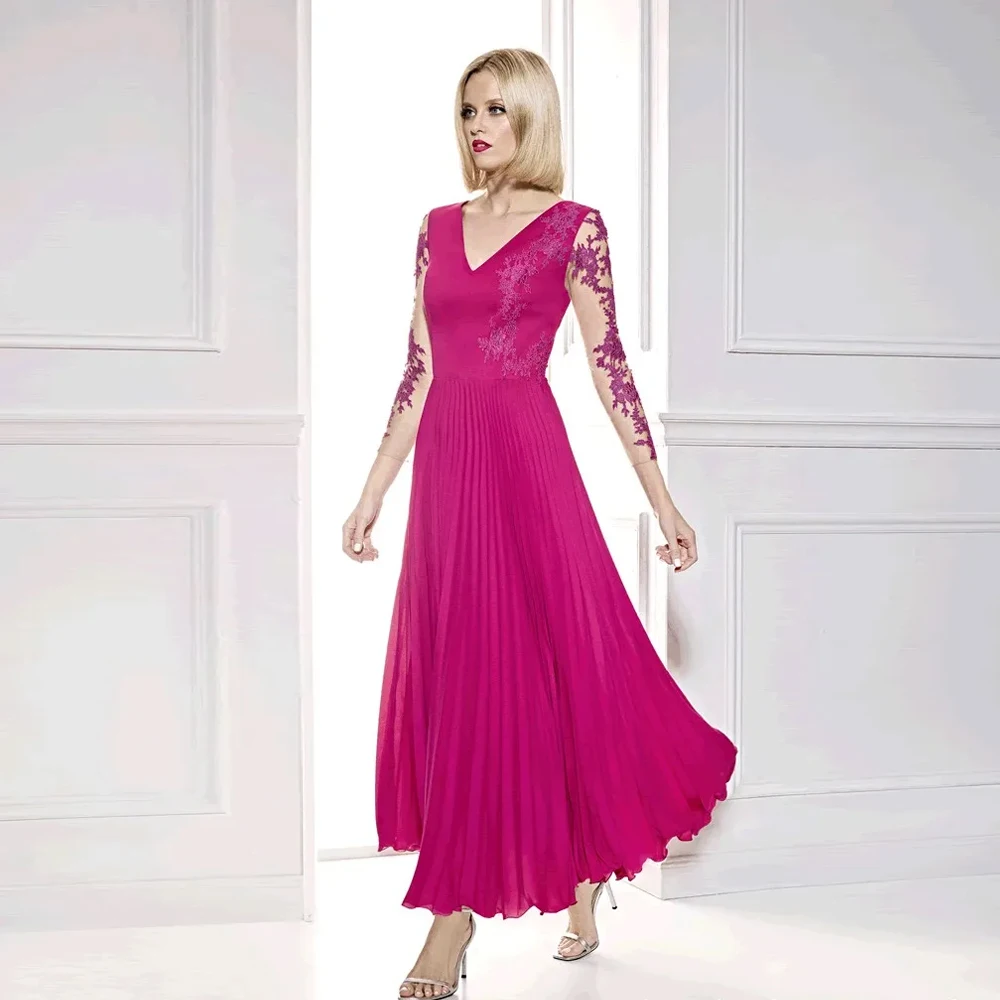 

Elegant Mother of the Bride Dresses V Neck Long Sleeves Wedding Party Gowns Appliques Pleat Ankle-Length 2024 فساتين السهرة