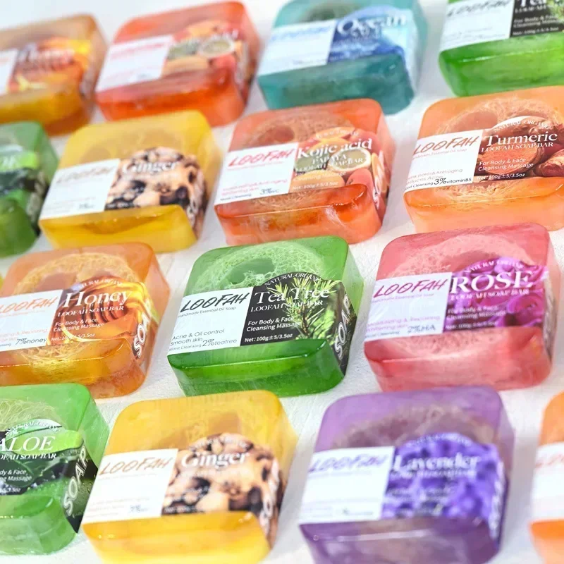 New Design 100g Kojic Acid Soap with Loofah Lemon Loofah Soap Handmade Essential Oil Soap Lavender Rose Turmeric Bath Bar 5