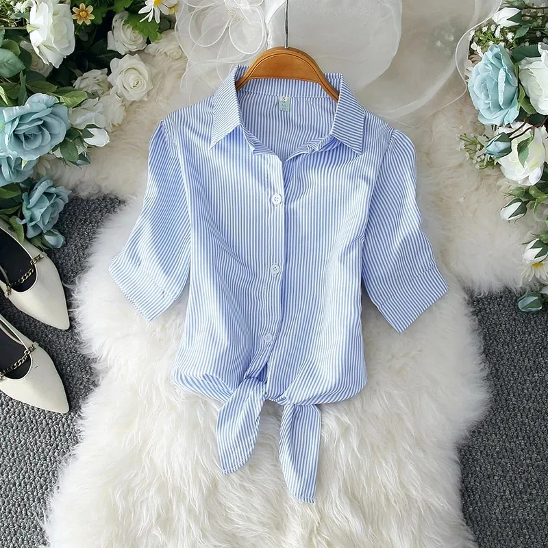 Casual White Blouse for Women Elegant Solid Short Sleeve Shirt Bow Belt Waist Office Lady Tops Summer Fashion Clothes 19870