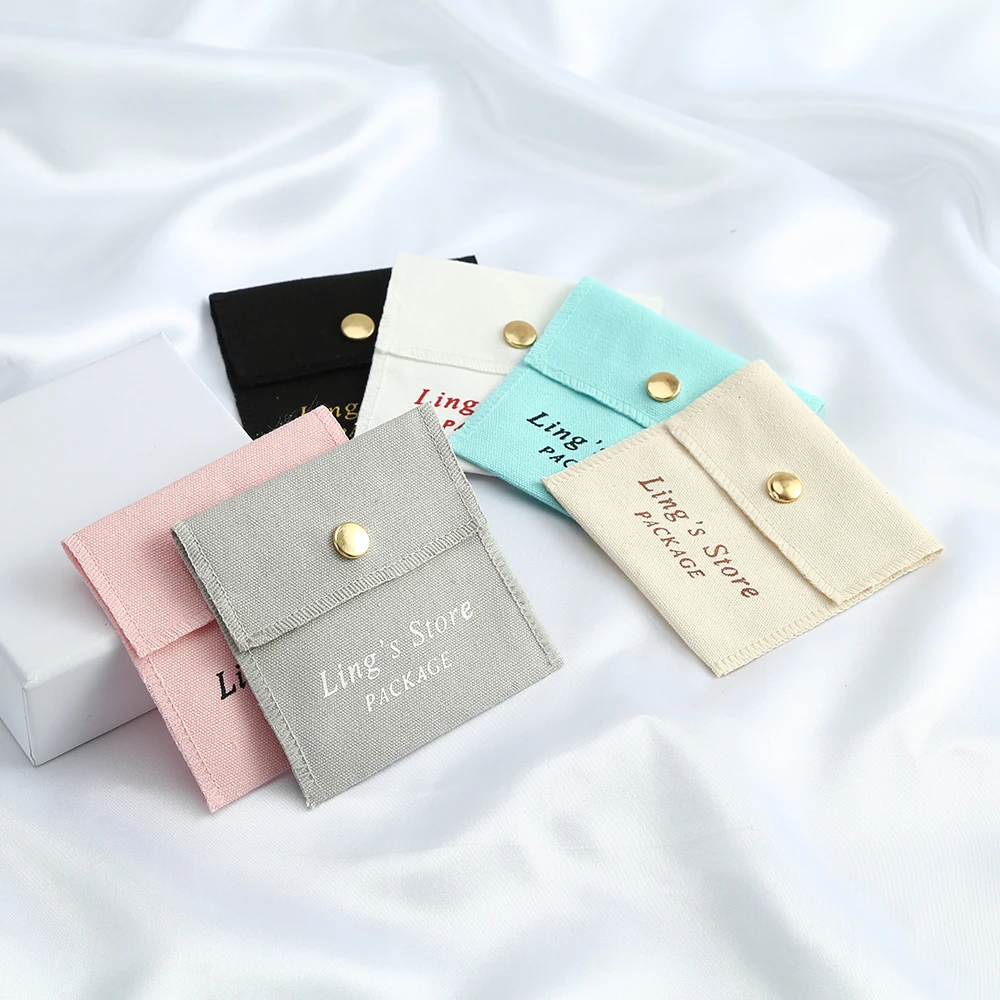100pcs Cotton Gift Small Bags With Snap 8x8cm Custom Logo Makeup Rings Earrings Packaging Pouches Jewelry Sachets Wedding Favors