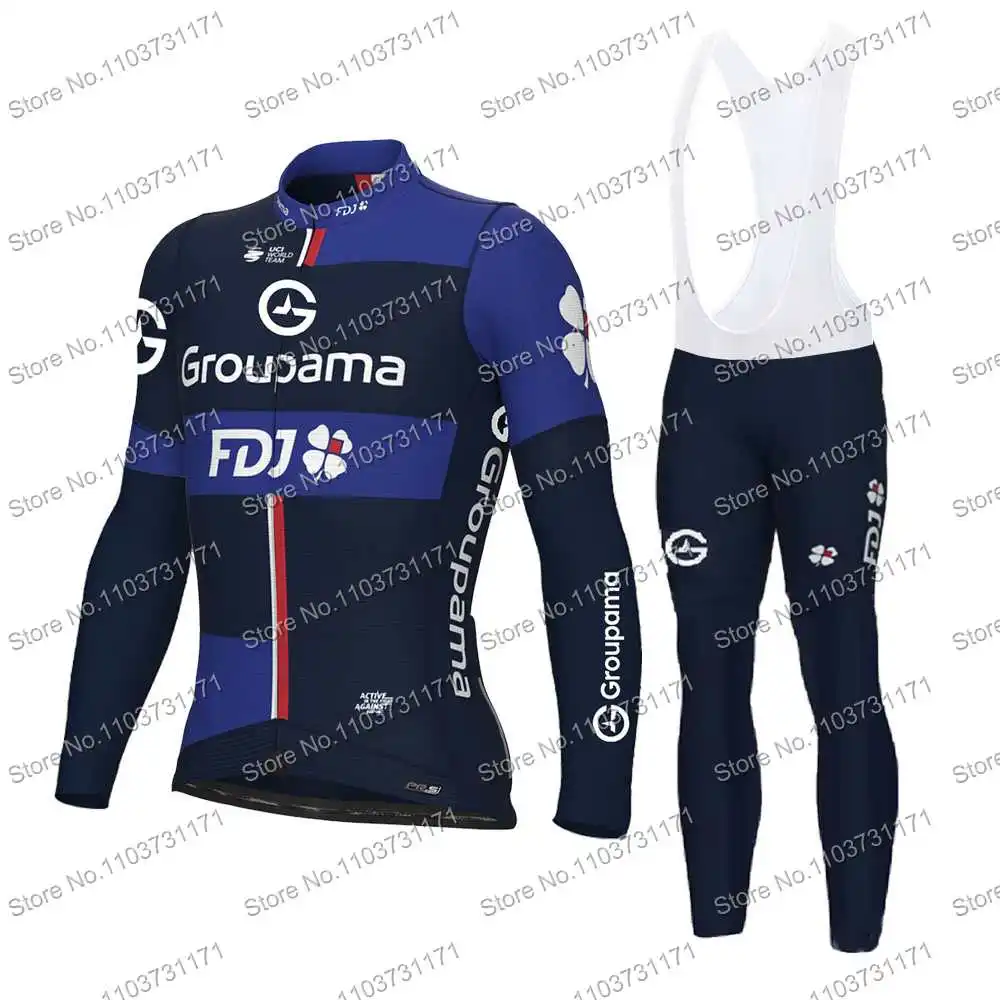 Team FDJ Cycling Jersey Set Long Sleeve France Cycling Clothing Mens Winter Thermal Bike Jacket Suit Bicycle Bib Tights
