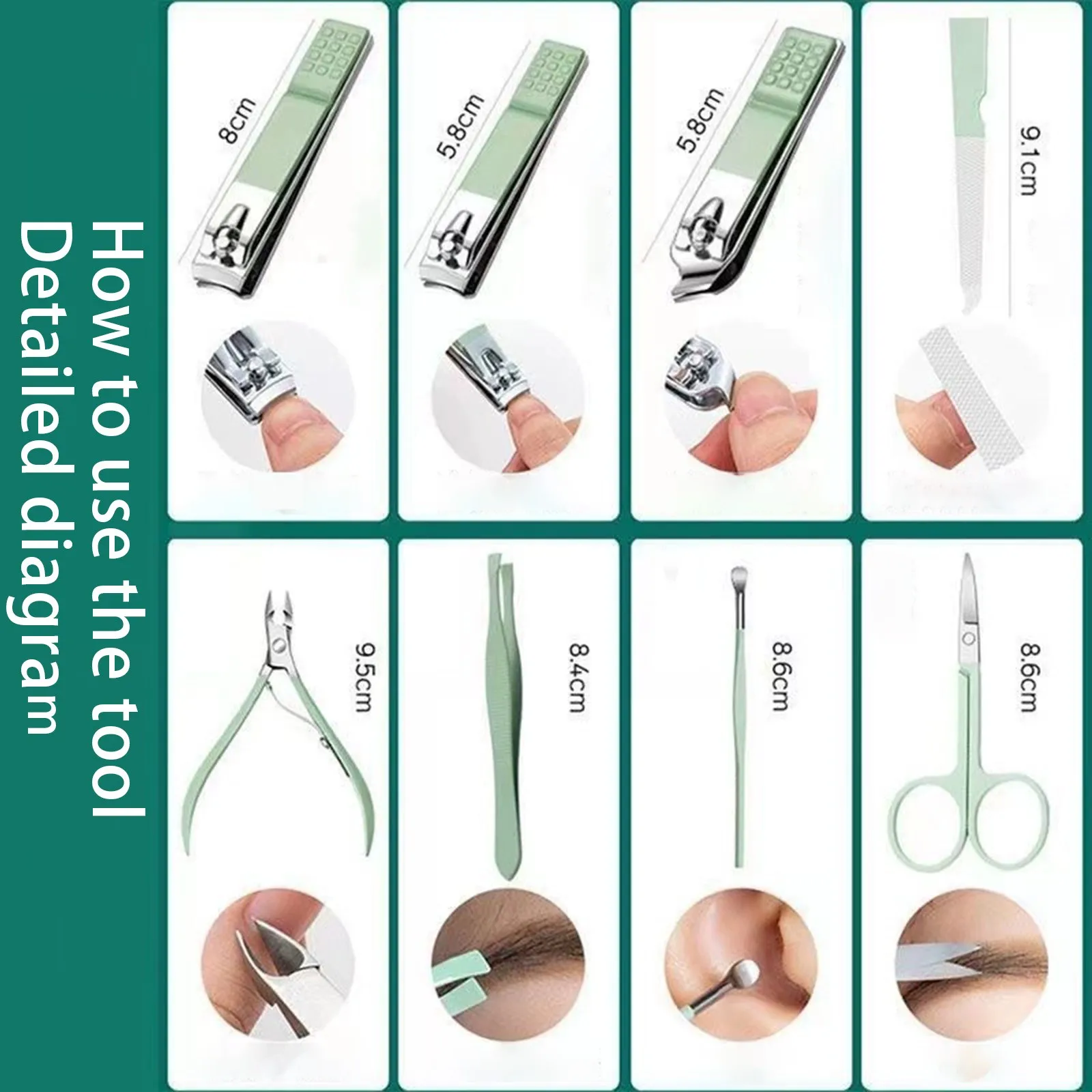 alt="A 16 Piece Nail Tools set in Matcha Green, featuring a Nail Clipper and Pedicure Knife.