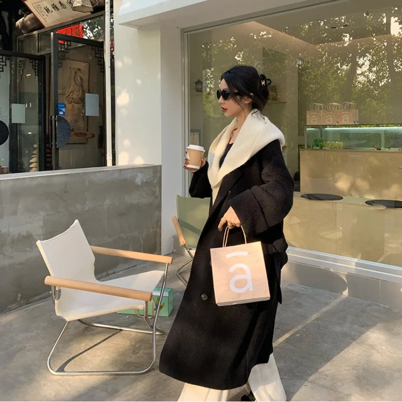 Women Fake Two Pieces Knitted Long Coat Loose Poncho Trench Autumn Winter Thick Cardigan Windbreaker Outdoor Cloak With Hat