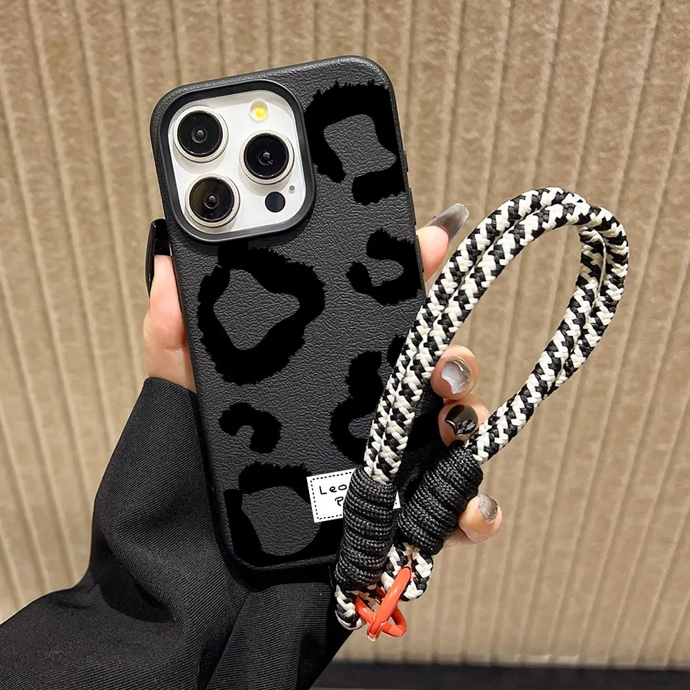 Leopard Print Lanyard Strap Phone Case with Lichee Pattern Cover